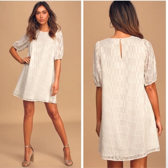 Lulus Check Up On It White and Gold Short Sleeve Mini Shift Dress - Picture 1 of 16